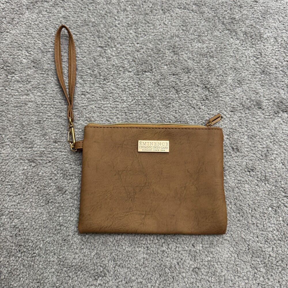 Eminence Organic Skin Care Faux Leather Wristlet Pouch Makeup Bag Womens Tan